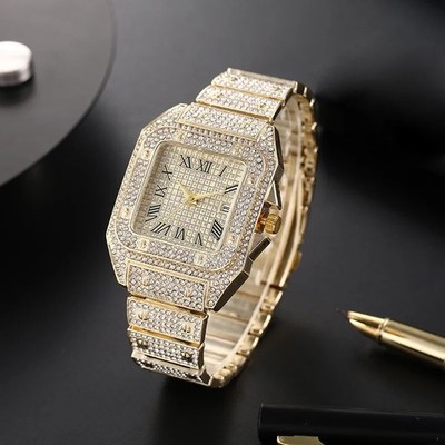 RELOJ DE LUJO PARA HOMBRE BANDA COMPLETAMENTE HELADA ESFERA NÚMERO ROMANO