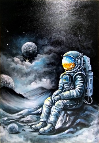 Original Acrylic Space Painting - Astronaut from Ukraine, Cosmic Ukrainian Art - Picture 3 of 11