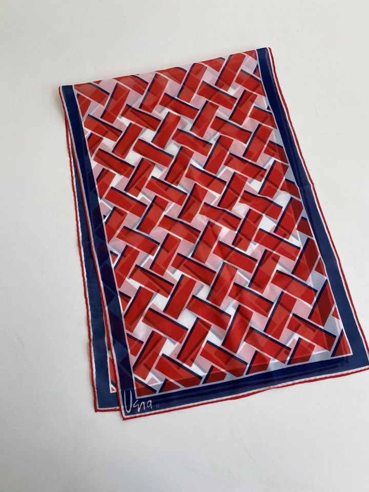 "Bufanda vintage Vera geométrica roja/azul 43"" X 15"" de gasa" Foto 2 de 4