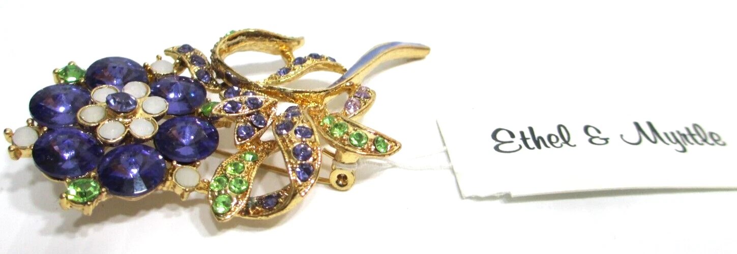 Ethel & Myrtle Flower Brooch Pin Purple Green Rhinestones Enamel 2 3/4" x 1 1/2"