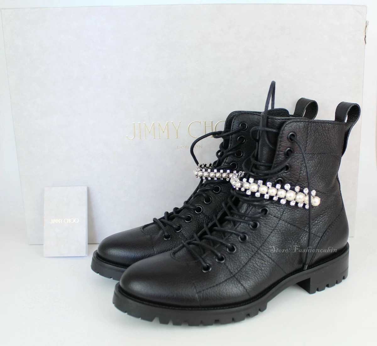 NEW JIMMY CHOO Cruz Quilted Crystal-Strap Embellished Combat Boot