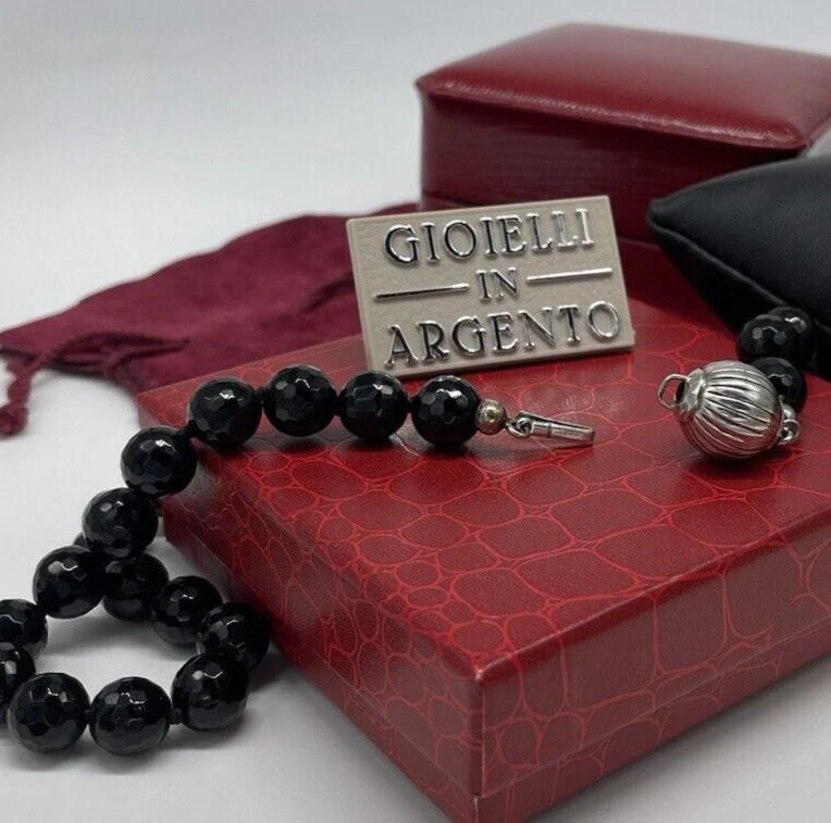 COLLANA DONNA GIROCOLLO DI PERLE ONICE BRIOLE' NERE ARGENTO 925 VINTAGE MADE ITA - Immagine 2 di 4