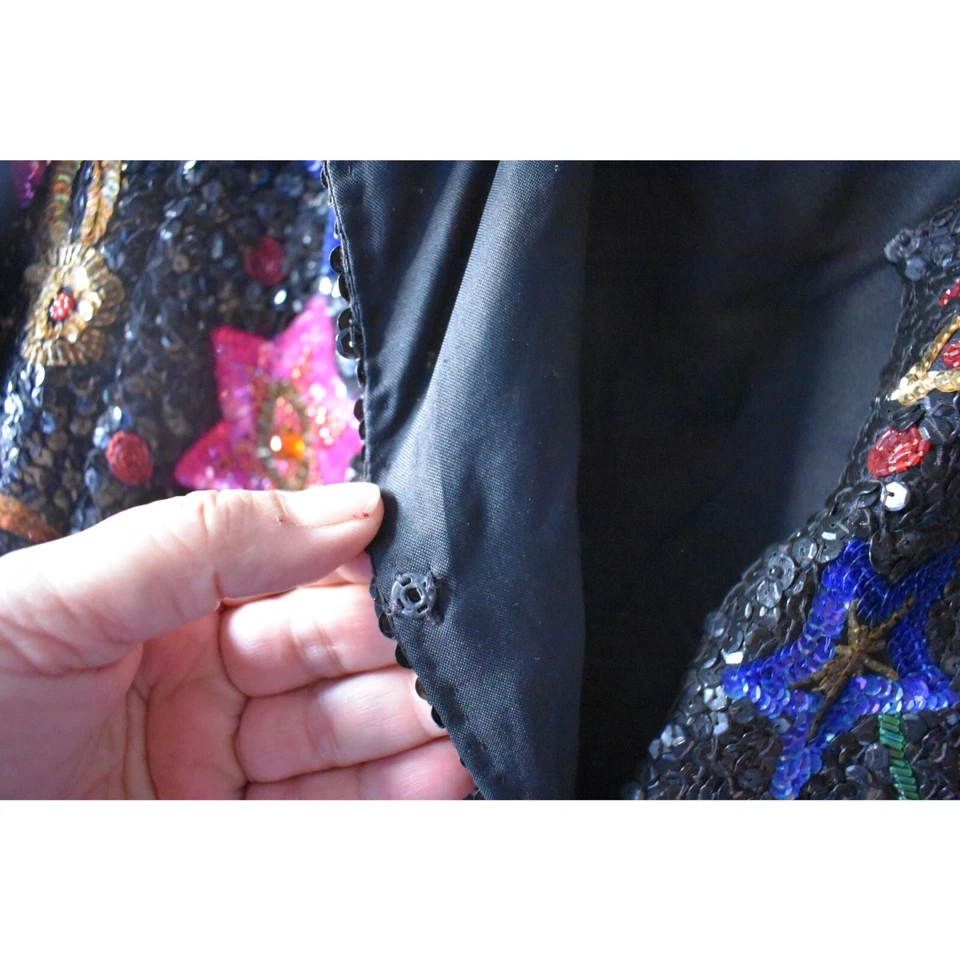 Chaqueta floral negra con cuentas lentejuelas seda Augustus Impressions vintage para mujer L Foto 4 de 4