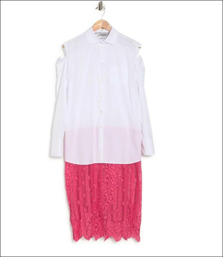 Abito Camicia Valentino 3.2k Nuovo Bianco Popeline Gonna Pizzo Rosa Attaccato IT38 S M L