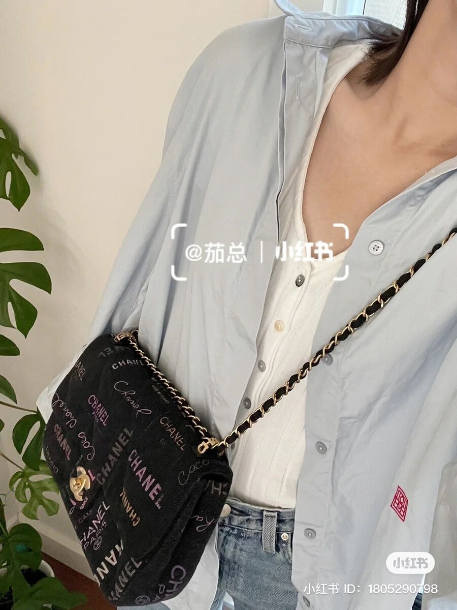 NWT 22P Chanel Classic Black Printed Denim Large Flap Bag NWT 22P Chanel Classic Black Printed Denim Large Flap Bag