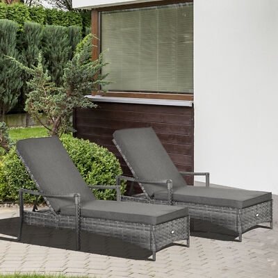 Rattan Sun Loungers set of w/ Cushion, 4-Level Recliner Garden Furniture,  Grey UK