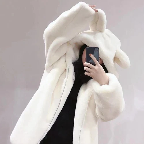 OFF WHITE Giacca donna pelliccia sintetica cappotto con cappuccio cardigan orecchie orso soffice caldo capospalla morbido