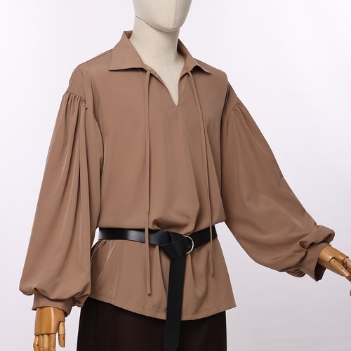 Medieval Renaissance Men Larp Pirate Shirt Tops Bandage Costume Fluffy Sleeve - Picture 28 of 31