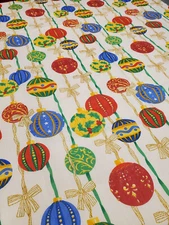 NEW VINTAGE Christmas Ornaments Tablecloth Fabric  Ivory Background 60x104