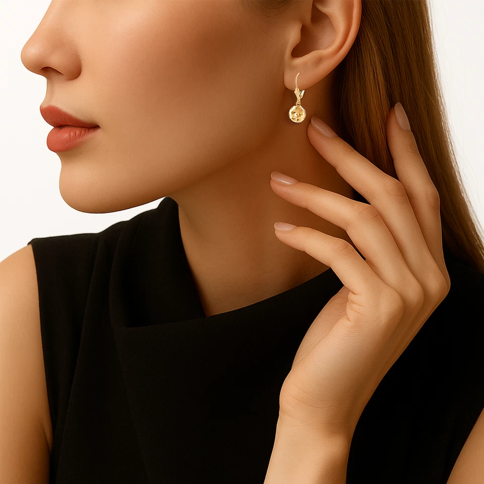 14K Real Solid Yellow Gold Shiny Polished Star Ball Dangle Drop Hoop Earrings - Image 2 of 4