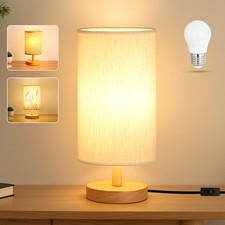 LED Desk Lamp with Wood Base and Fabric Shade for Bedroom and Office