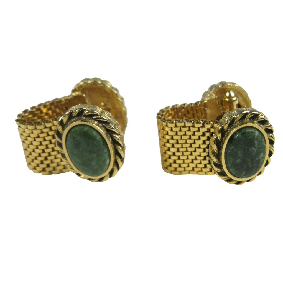 1960s Dante gold mesh wrap cufflinks with jade stone inserts — genuinely stunning mid-century hardware you simply can't buy new.