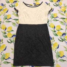 Ann Taylor Black and White Lace Overlay Round Neck Short Sleeve Zip Dress