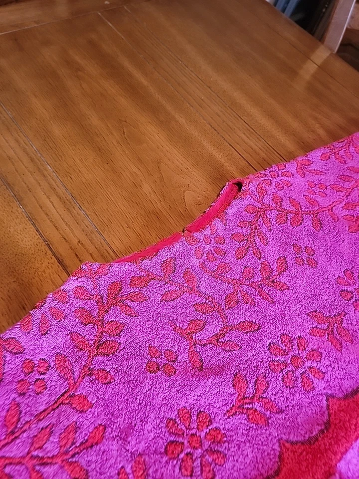 Vintage 70s Psychedelic Floral Red Purple Cover-Up Fringe Terrycloth Towel Dress - Image 2 of 4