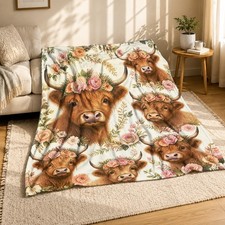 Floral Highland Cow Coral Fleece Blanket