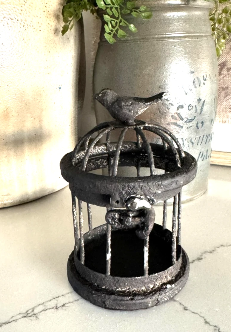 Vintage Iron Metal Bird Cage Decor Piece With Bird On Top w/ Hinge top opening