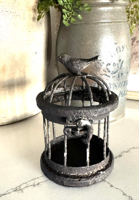 Vintage Iron Metal Bird Cage Decor Piece With Bird On Top w/ Hinge top opening