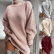 Women's Turtleneck Sweater Dress Long Sleeve Winter Warm Solid Apricot Size L