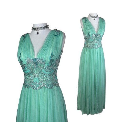 Vintage Mint Green Beaded Corset Tulle Maxi Dress – Fairycore Prom Gown