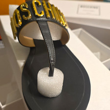 MOSCHINO Women's Black/Gold Logo Thong Sandals Slip-On Leather Size 9