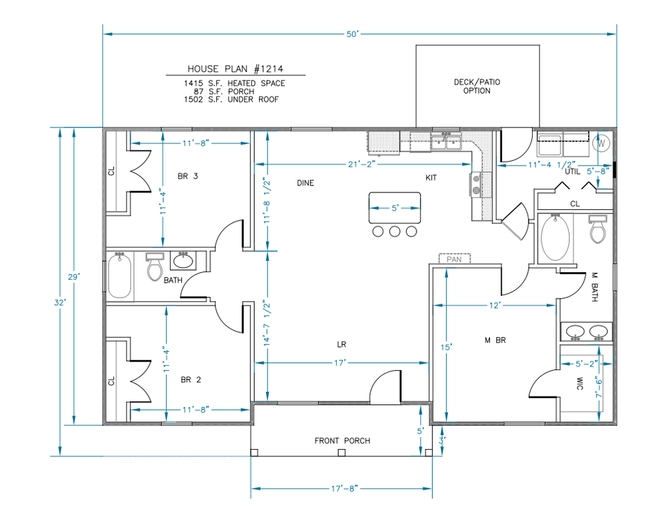 Ranch House Plans 1415 SF 3 Bed 2 Bath Open FloorSplit BR WIC