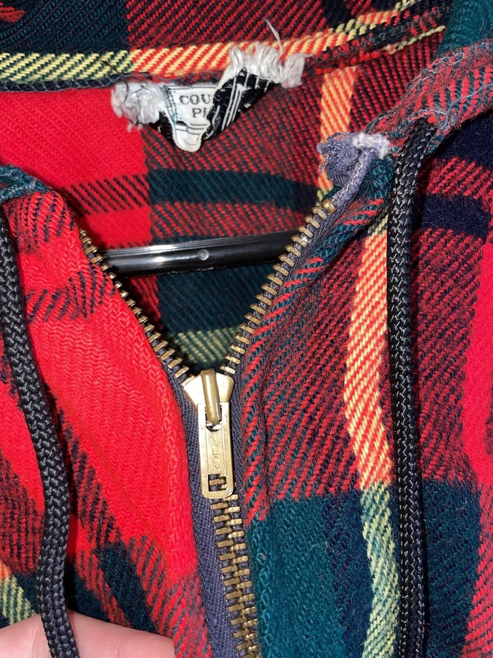 Poncho Abrigo Retro Cremallera Capucha Garra Vintage Años 60 70 100% Lana Tartán Cuadros Foto 3 de 4