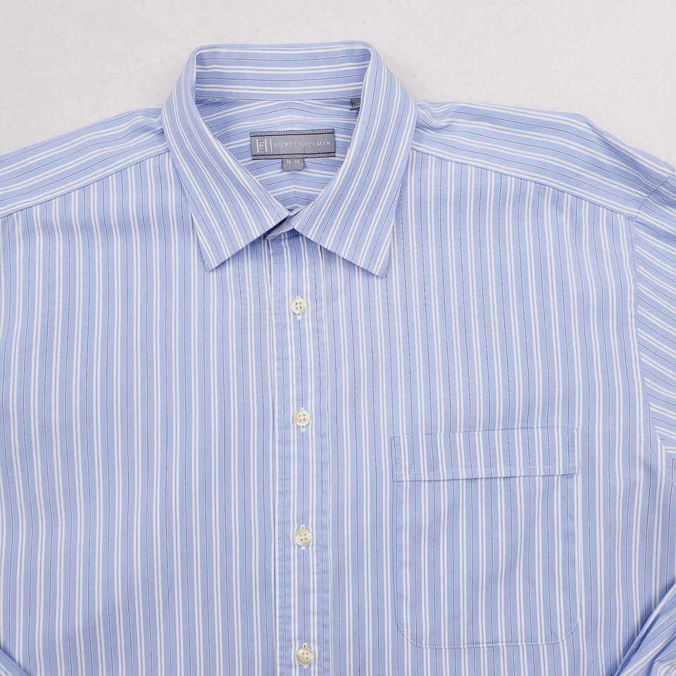 Hickey Freeman 衬衫男式 16 蓝色白色条纹纽扣圆形袖口 — 第 2/4 张图片
