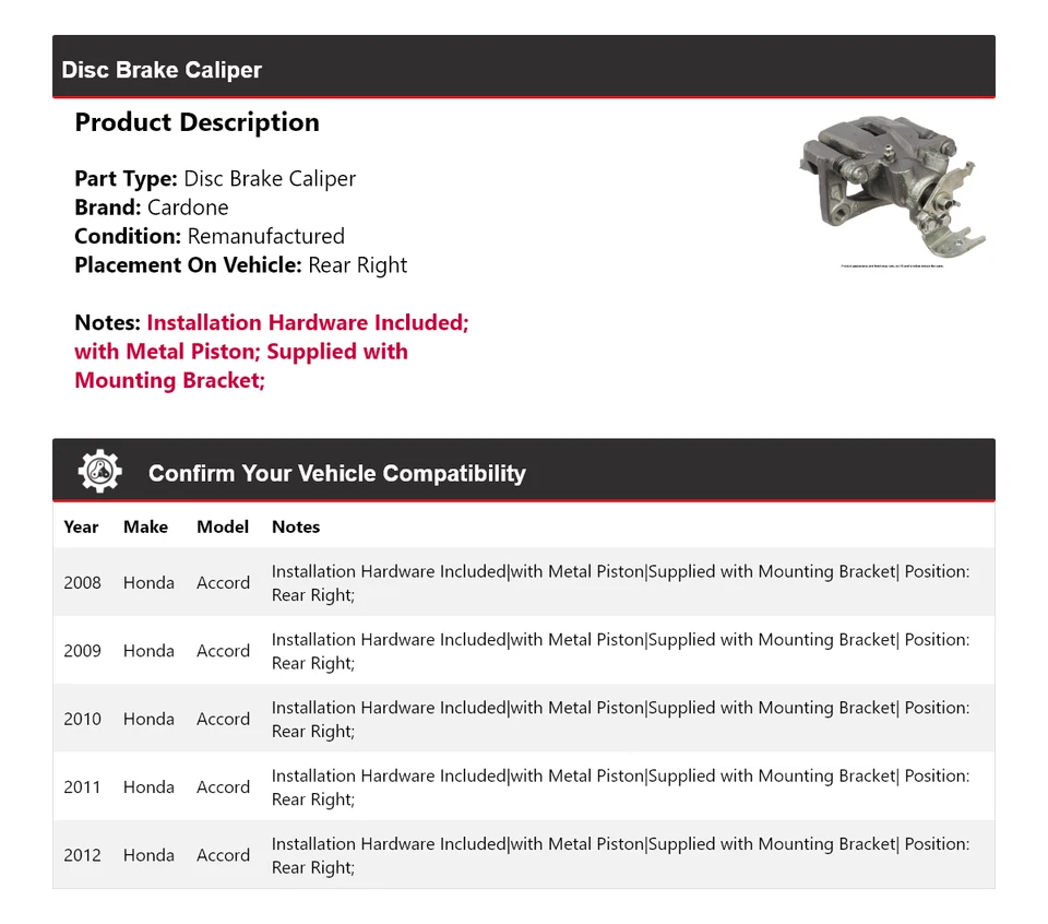 Pinça de freio a disco traseira direita Cardone 2009 2010 2011 para 2008-2012 Honda Accord - Imagem 2 de 4