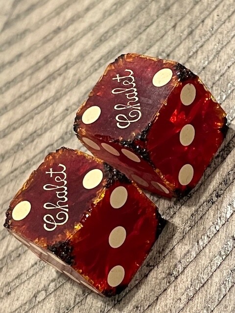 RARE! Chalet Club or Casino tattered but legible dice pair 021924