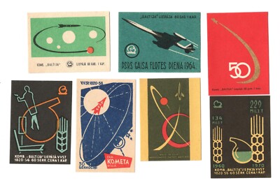 7 Old & Rare Soviet USSR Matchbox Labels SPACE, COSMOS SPUTNIK SCIENCE AIRCRAFTS
