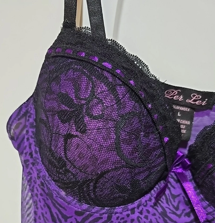 Conjunto Babydoll Grande Per Lei Estampado Animal Cebra Transparente Chemise Lencería Púrpura Foto 3 de 4