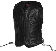 Women’s Braided Motorcycle Side Lace Black Leather Vest Concealed Carry Pocket