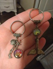 2 PC Custom Mermaid  Fin Rainbow Scales  Charms Silver Keychains Bag Charms