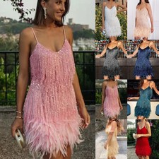 Ladies Strappy Fringed Feather Dress Flapper V-Neck Party Evening Tassel Dresses
