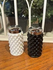 Vintage FENTON Milk Glass Hobnail Black & White Salt & Pepper Shakers