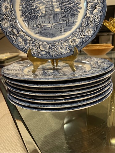 Liberty Blue Staffordshire Ironstone Dinner 9 Plates Independence Hall 9.75” Vnt - Picture 11 of 12