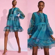 Cynthia Rowley Watercolor Hourglass Dress in Blue Multi Organza Size Small