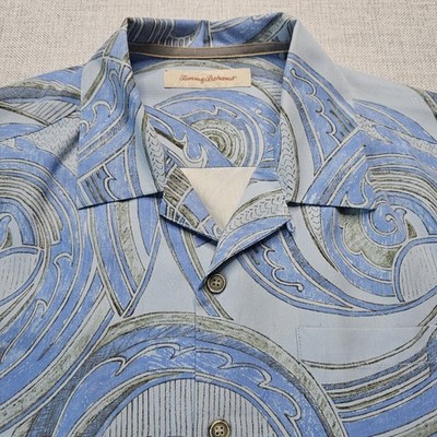 Tommy Bahama Silk Shirt Mens Medium Hawaiian Blue Ocean Wave Tropical Beach