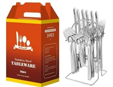 24PCS Silverware Stainless Steel Cutlery Set Knife, Fork, Spoon with Stand 