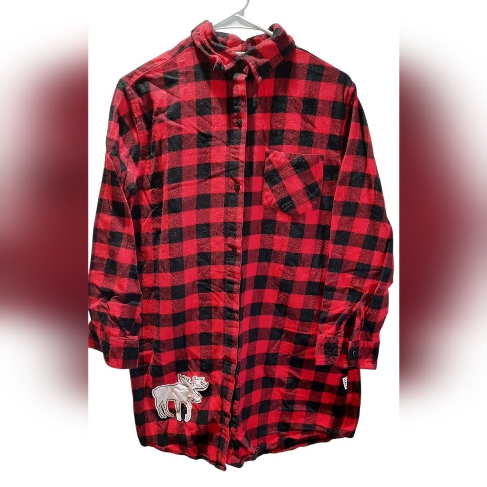 Lazy One Nightshirt Womans S/M Red Plaid Flannel Button Down Comfy Loumgewear