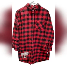 Lazy One Nightshirt Womans S/M Red Plaid Flannel Button Down Comfy Loumgewear