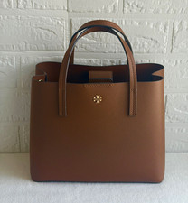 Tory Burch Brown Pebbled Tote Magnetic Detachable Strap Logo Gold Hardware