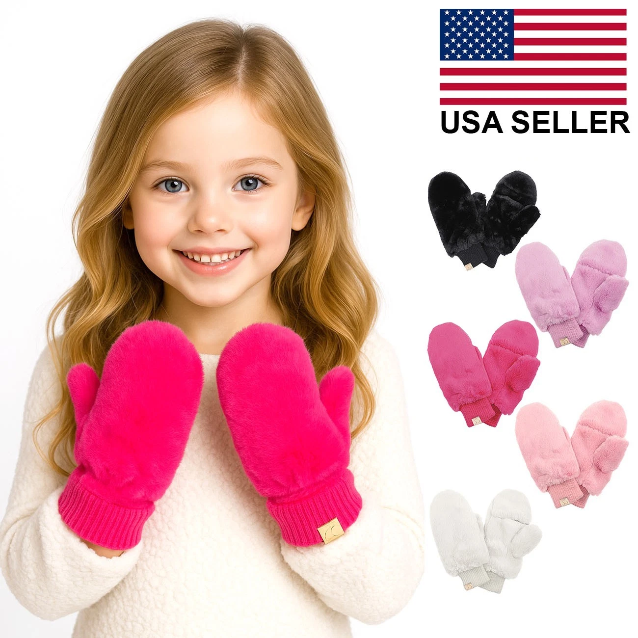 C.C Exclusive Kids Girl Boy Faux Fur Convertible Faux Fur Mitten Glove 3-9 Years