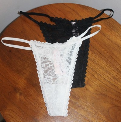 VICTORIA'S SECRET STRING THONG SET OF 2 LACE EMBROIDRD BLACK COCONUT WHITE SIZ M
