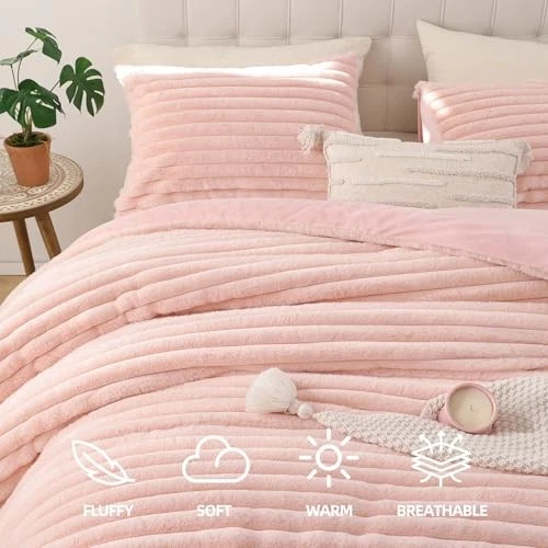 Conjuntos de edredom fofo tamanho completo 3 peças - Edredom fofo de lã rosa blush - Imagem 2 de 4