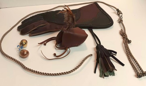 Falconry set, used with gauntlet, jess, hood and telemetry bells.