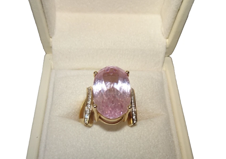 ANILLO GRANDE 10 QUILATES PLUS FACETADO OVALADO ROSA KUNCITA/DIAMANTE ORO 14K Foto 3 de 4