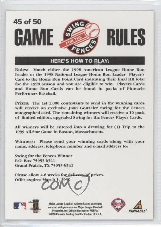 1998 Pinnacle Performers Swing for the Fences Game Rules Scott Rolen #45 HOF - Image 2 of 2