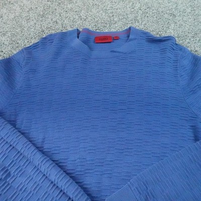 Hugo Boss Sweater Mens L Blue Geometric Textured Knit Cotton Pullover Crewneck