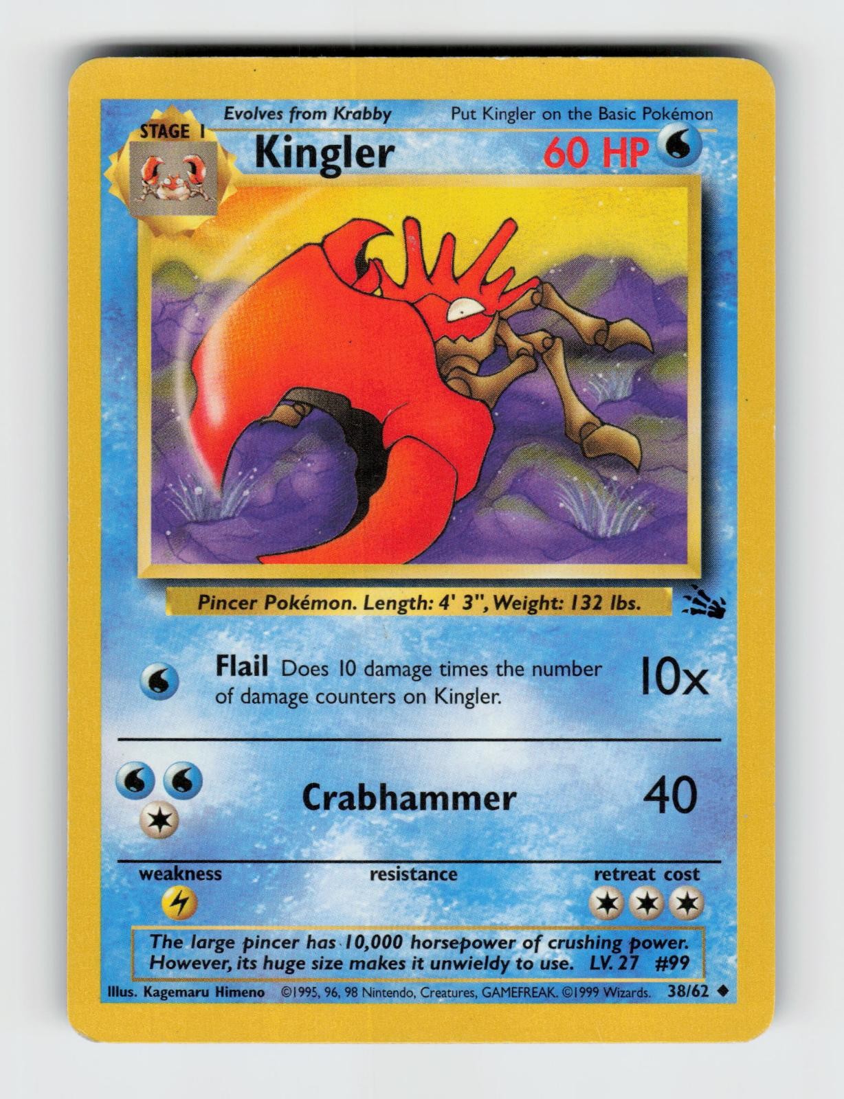 Kingler 38/62 Unlimited Uncommon Fossil Pokemon 1999 MP Himeno